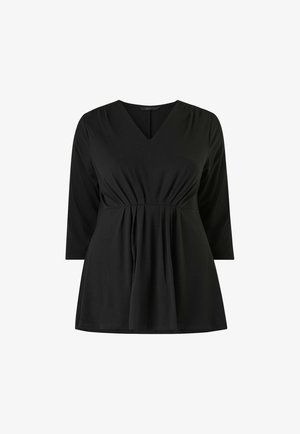 Black top with a V-neck, long sleeves, and gathered waist design, made from a smooth fabric, featuring a pleated skirt detail.