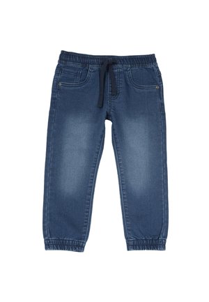 Ciemnoniebieskie spodnie dresowe z denimu z elastycznym pasem, sznurkiem do regulacji, przednimi kieszeniami i elastycznymi mankietami.