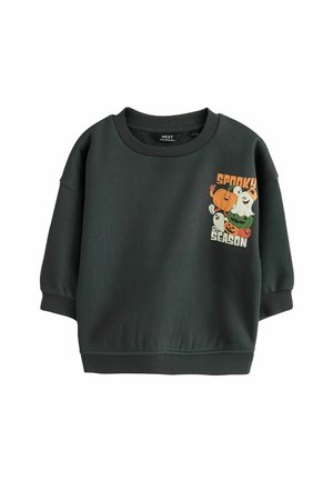 Sort sweatshirt med ribbet manchetter og krave, med et farverigt Halloween-design af spøgelser, græskar og teksten "Spooky Season" på brystet.