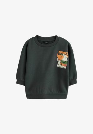 Schwarzer Sweatshirt mit gerippten Bündchen und Kragen, mit einem bunten Halloween-Design mit Geistern, Kürbissen und dem Text "Spooky Season" auf der Brust.