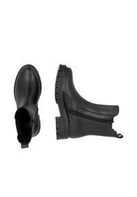 Black leather ankle boots with a side zipper, rounded toe, and textured rubber sole. Features a pull tab for easy wear.