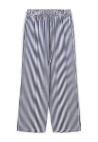 Pantalons rayés en tissu léger, avec un design à jambes larges, une taille élastique et un cordon de serrage, dans des rayures verticales bleu marine et blanches.