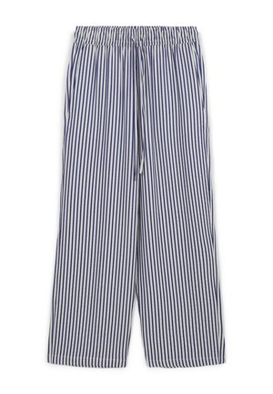 Striped pants made of lightweight fabric, featuring a wide-leg design, elastic waistband, and drawstring in navy and white vertical stripes.