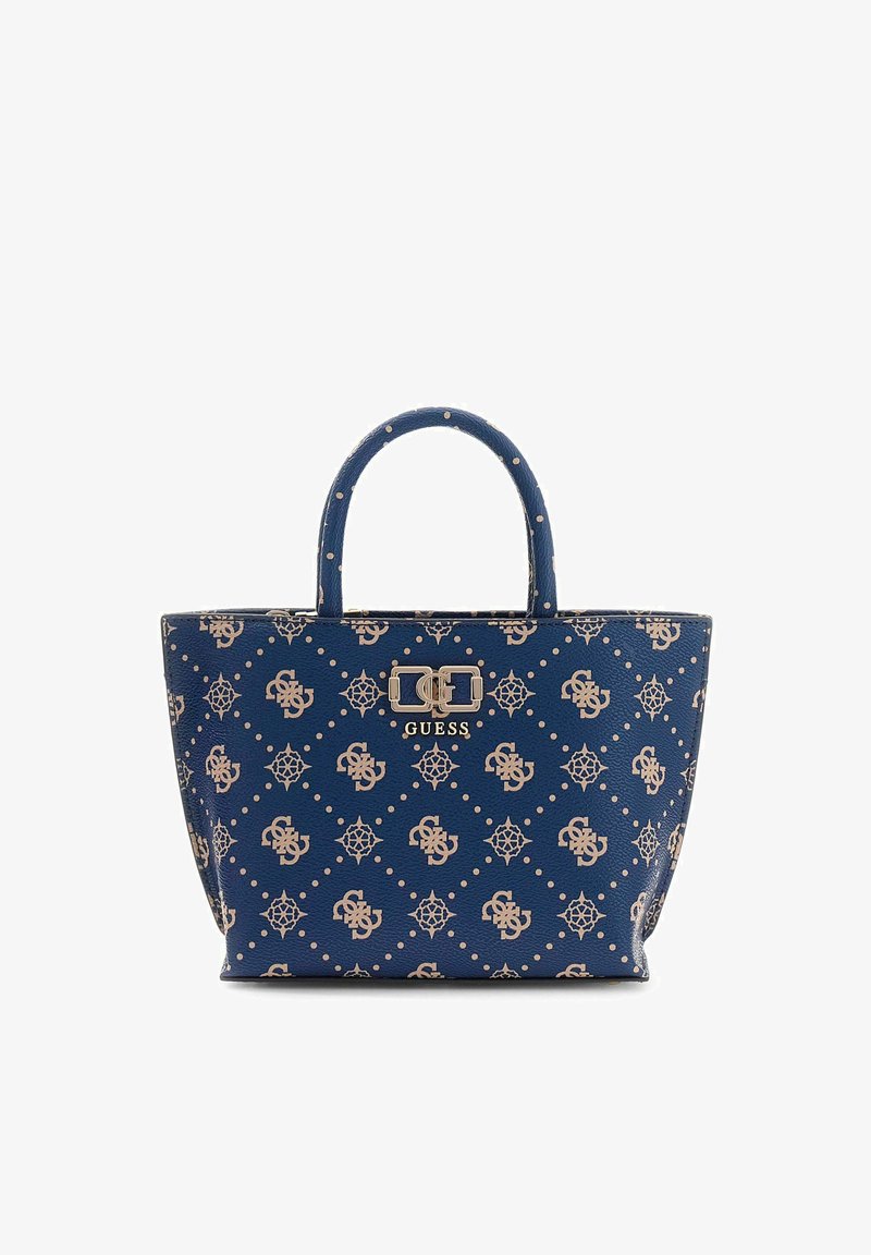 Sac à main Guess bleu marine avec motif monogramme beige, doubles poignées supérieures et plaque logo en métal au centre avant.
