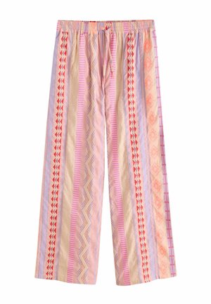 Wide-leg pants featuring alternating stripes in pastel colors of pink, purple, and cream, with geometric patterns and an elastic waistband.