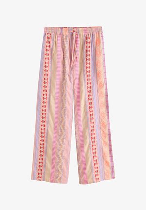 Wide-leg pants featuring alternating stripes in pastel colors of pink, purple, and cream, with geometric patterns and an elastic waistband.