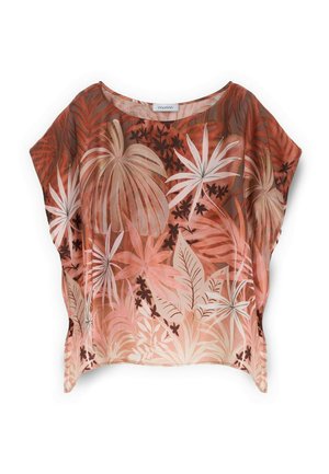 Haut à manches courtes et coupe ample avec col rond, orné d'un motif abstrait de feuilles tropicales dans des tons de brun, beige et pêche.