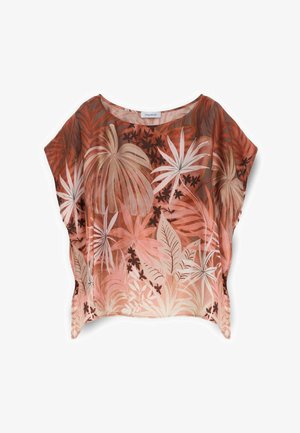 Korte mouwen, loszittend shirt met ronde hals, voorzien van een abstract tropisch bladerenpatroon in tinten bruin, beige en perzik.