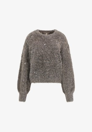 Flauschiger grauer Pullover mit Rundhalsausschnitt, langen Ärmeln und leicht verkürztem Schnitt. Die Struktur ist weich und flauschig und weist dezente helle Flecken auf.