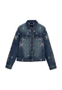 Blå denimjacka med broderade blommönster och geometriska mönster, knäppning framtill och två bröstfickor. Långa ärmar med dekorativ sömnad.