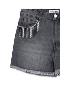 Shorts in denim grigio con dettagli a franges e perline argentate sulla tasca, orlo sfilacciato e design classico a cinque tasche.
