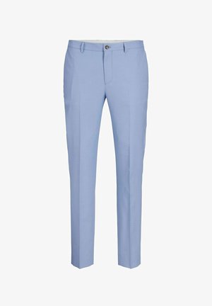 Svijetloplave hlače, krojene, s prednjim džepovima, zatvaranje na patentni zatvarač s gumbićem, glatka tekstura, ravni kroj.