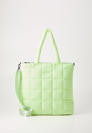 Könnyűzöld nejlonból készült steppelt táska, dupla fogantyúval, levehető vállpánttal és felső cipzárral.