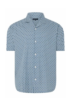 Blå kortærmet skjorte med hvidt geometrisk stjernemønster og en spredt krave.