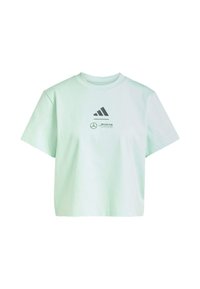 Menta zelena pamučna majica s kratkim rukavima i okruglim izrezom, sa tiskanim logotipom i tri crne pruge sprijeda, kvadratnog kroja.