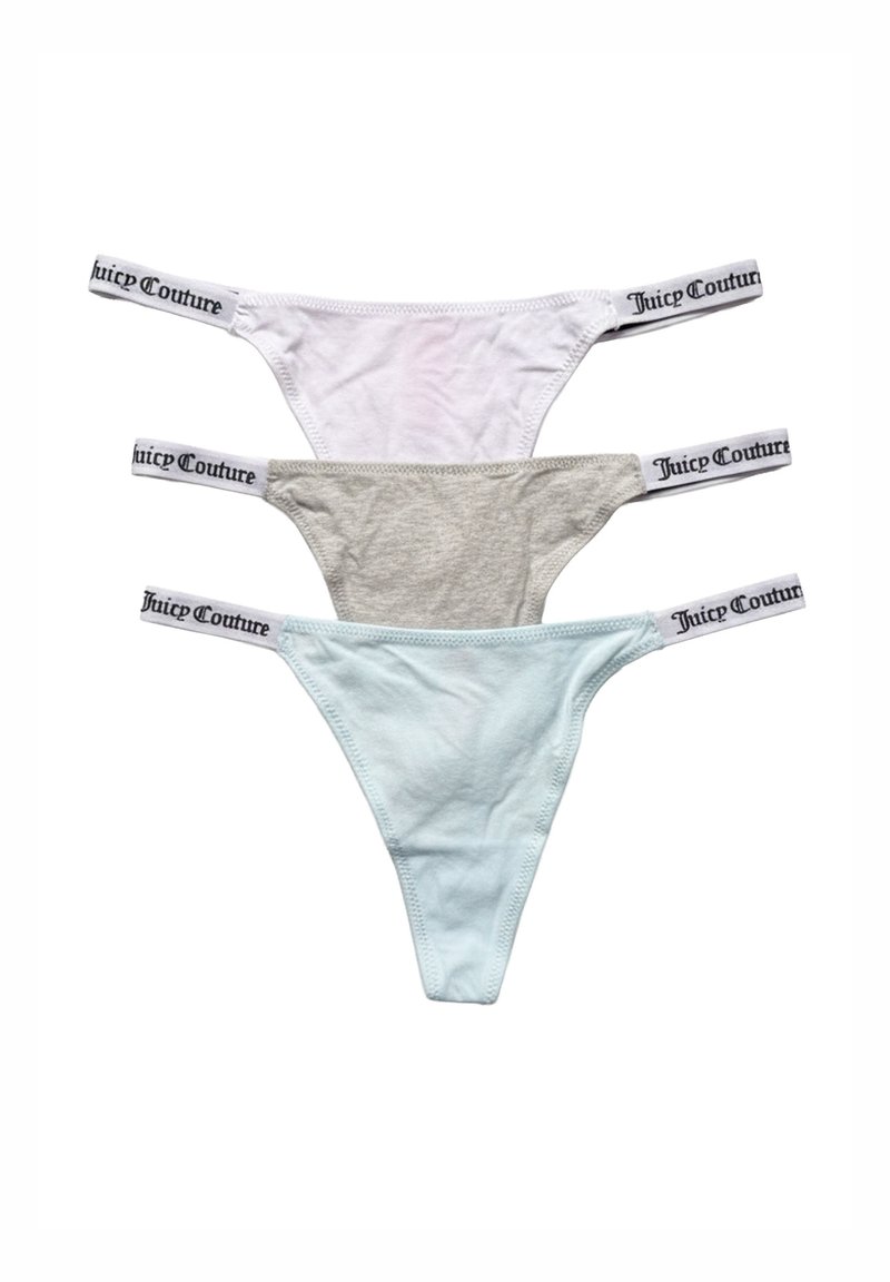 Drei Paare Damen-Tangas: eines in Weiß, eines in Grau, eines in Hellblau, alle mit einem schwarzen "Juicy Couture"-Logo auf dem elastischen Bund.