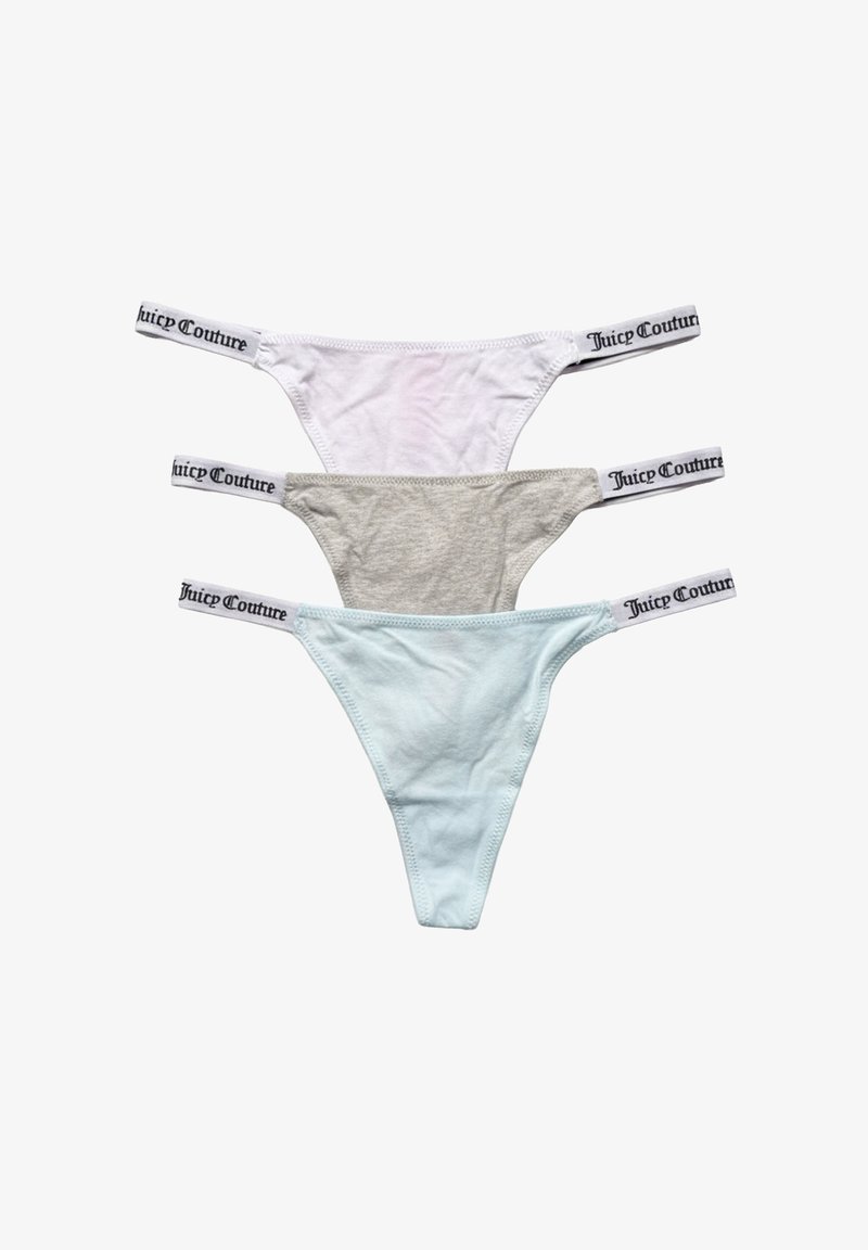 Drei Paare Damen-Tangas: eines in Weiß, eines in Grau, eines in Hellblau, alle mit einem schwarzen "Juicy Couture"-Logo auf dem elastischen Bund.