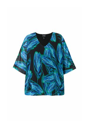 Černý top s krátkým rukávem a výstřihem do V, zdobený živým modro-zeleným vzorem listů na hladké tkanině. Ležérní a uvolněný střih.