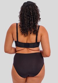 Soutien-gorge noir et bas de bikini taille haute vus de dos, avec des bretelles ajustables et une fermeture à crochets. Texture lisse.