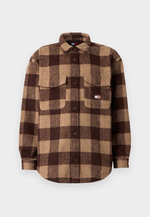 Brown and beige checkered wool button-up shirt with two chest pockets and a small Tommy Jeans logo on the left pocket.