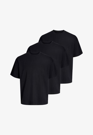Drei schlichte schwarze T-Shirts mit Rundhalsausschnitt und kurzen Ärmeln, gestaffelt auf einem weißen Hintergrund angeordnet.