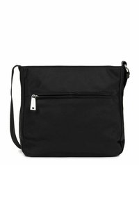 Borsa a tracolla nera realizzata in tessuto, con una tasca anteriore con zip, tracolla regolabile e forma rettangolare con superficie liscia.