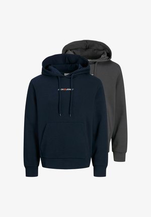 Two hoodies: one navy blue and one dark gray. Both feature a front pocket, drawstring hoods, and a small logo on the chest.
