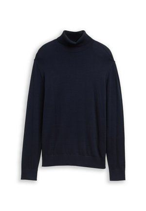 Maglione a collo alto di colore blu navy, realizzato in morbido tessuto a maglia, con maniche lunghe, colletto a coste e dettagli di cucitura discreti.