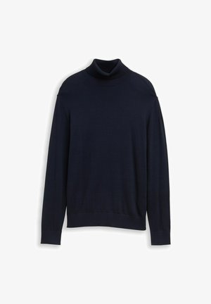 Tumed sinine kõrge kaelusega sviiter, mis on valmistatud pehmest kudumisest, omab pikki varrukaid, soonikkoes kaelust ja peeneid õmblusdetailsusi.