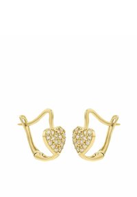 Orecchini a forma di cuore in oro con pavé di piccoli cristalli trasparenti, dal design a cerchio curvo e chiusura sicura.