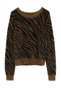 Maglione marrone peloso con motivi a strisce di tigre nere, colletto ampio e taglio corto. Texture morbida con maniche lunghe e orlo a coste.
