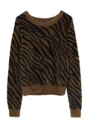 Maglione marrone peloso con motivi a strisce di tigre nere, colletto ampio e taglio corto. Texture morbida con maniche lunghe e orlo a coste.