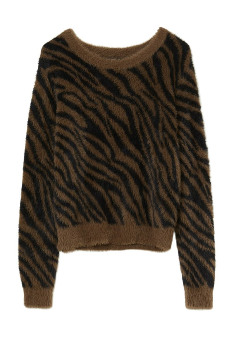 Maglione marrone peloso con motivi a strisce di tigre nere, colletto ampio e taglio corto. Texture morbida con maniche lunghe e orlo a coste.