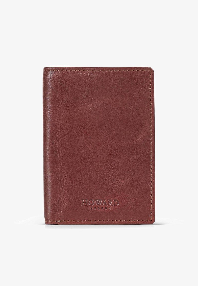Brown leather wallet with stitched edges and embossed "HOWARD LONDON" logo, featuring a smooth texture and rectangular shape.