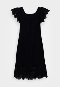 Vestito nero realizzato in tessuto leggero, con maniche corte arricciate, scollo quadrato e orlo rifinito con pizzo a bordi smerlati.