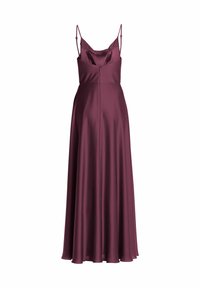 Robe de soirée longue en satin sans manches couleur prune foncée avec fines bretelles ajustables et encolure légèrement drapée.