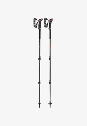 Black trekking poles with adjustable length, rubber grips, and wrist straps. Features a textured grip and pointed tips for stability.
