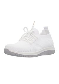 Chaussures de sport blanches avec une tige en tricot respirant, motif texturé, bout arrondi et une semelle en caoutchouc gris flexible. Les lacets sont soigneusement noués.