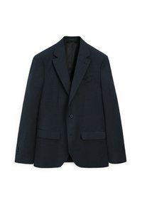 Marineblauwe op maat gemaakte blazer met notch-lapels, twee voorkruiszakken en een enkele knoopsluiting. Geweven stof met een subtiel patroon.