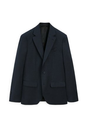 Marineblaue, taillierte Blazerjacke mit Reverskragen, zwei Fronttaschen und einem Knopfverschluss. Strukturierter Stoff mit subtiler Musterung.
