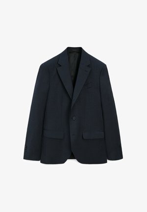 Marineblauwe op maat gemaakte blazer met notch-lapels, twee voorkruiszakken en een enkele knoopsluiting. Geweven stof met een subtiel patroon.