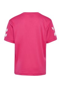 Rosa Sport-T-Shirt, kurze Ärmel, feuchtigkeitsableitender Stoff, runder Ausschnitt, mit weißen Chevron-Mustern an den Ärmeln.