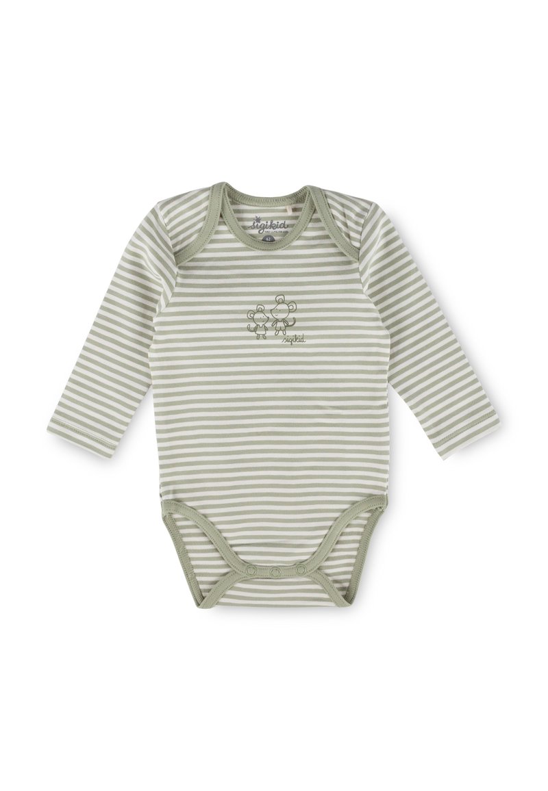 Gestreifter grüner und weißer Baby-Body mit langen Ärmeln, Druckknöpfen am unteren Ende und zwei kleinen Mausillustrationen auf der Brust.