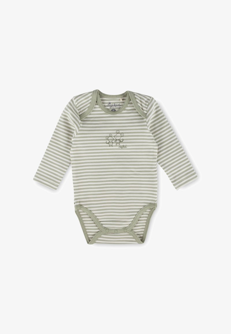 Gestreifter grüner und weißer Baby-Body mit langen Ärmeln, Druckknöpfen am unteren Ende und zwei kleinen Mausillustrationen auf der Brust.