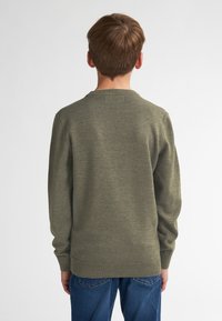 Sweter w oliwkowym kolorze, wykonany z miękkiego materiału, ma okrągły dekolt oraz ściągacze przy mankietach i dole. Widok z tyłu ukazuje prosty fason bez wzorów.