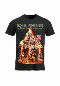 Schwarzes Baumwoll-T-Shirt mit einem lebhaften Grafik eines skelettartigen Körpers zwischen Flammen, mit dem Text "Iron Maiden" und "Seventh Son" darüber.