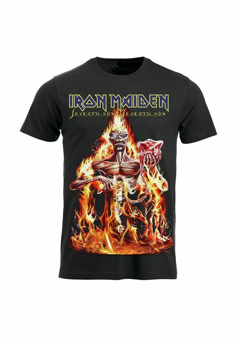 Schwarzes Baumwoll-T-Shirt mit einem lebhaften Grafik eines skelettartigen Körpers zwischen Flammen, mit dem Text "Iron Maiden" und "Seventh Son" darüber.