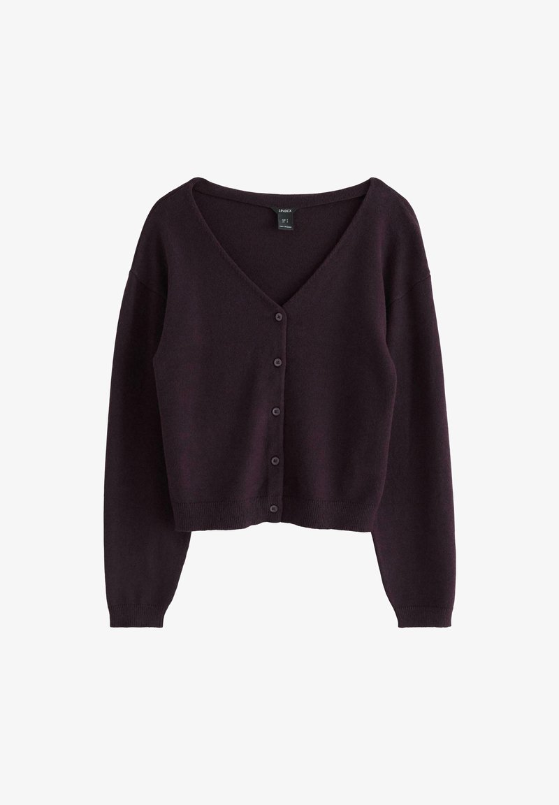 V-hals, cropped cardigan i dyb lilla, lavet af blødt strikkemateriale. Har en knaplukning foran og lange ærmer med ribstrikkede manchetter.