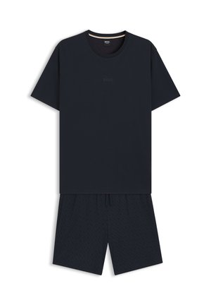 T-shirt à manches courtes bleu marine foncé avec un logo "BOSS" discret sur la poitrine, associé à un short assorti texturé avec cordon de serrage.