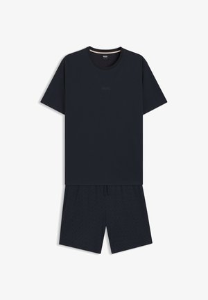 T-shirt à manches courtes bleu marine foncé avec un logo "BOSS" discret sur la poitrine, associé à un short assorti texturé avec cordon de serrage.